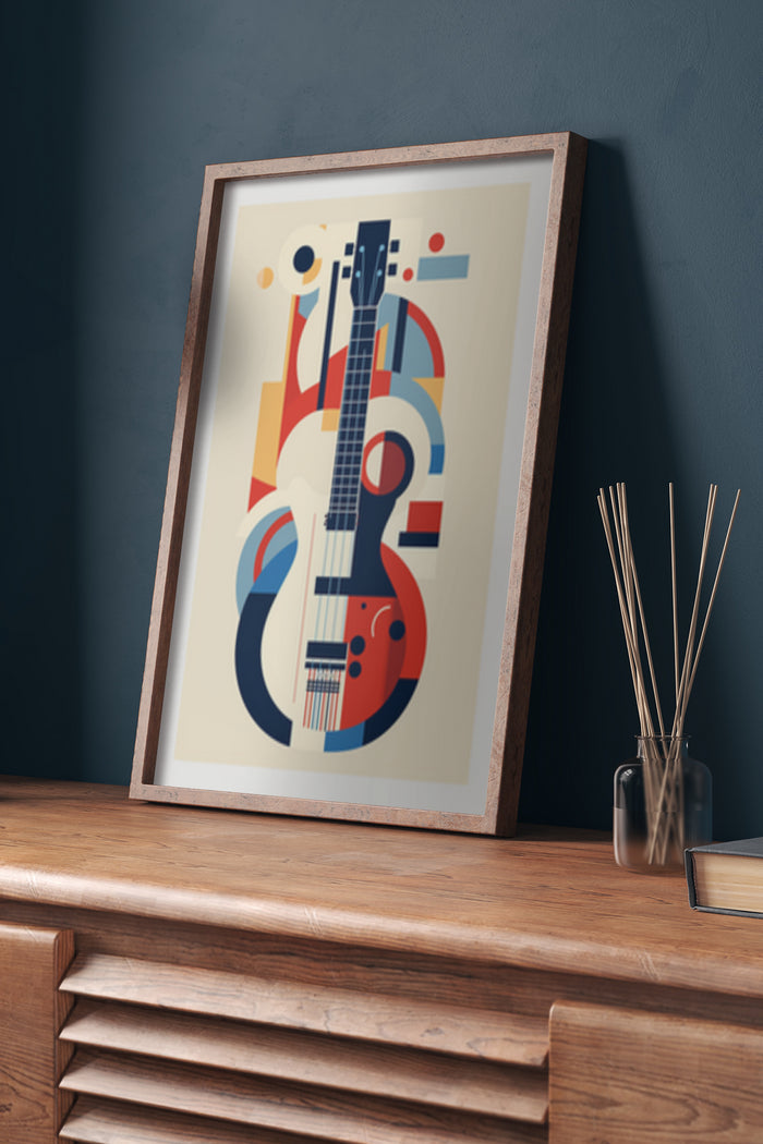 Modern abstract guitar illustration art poster in a wooden frame