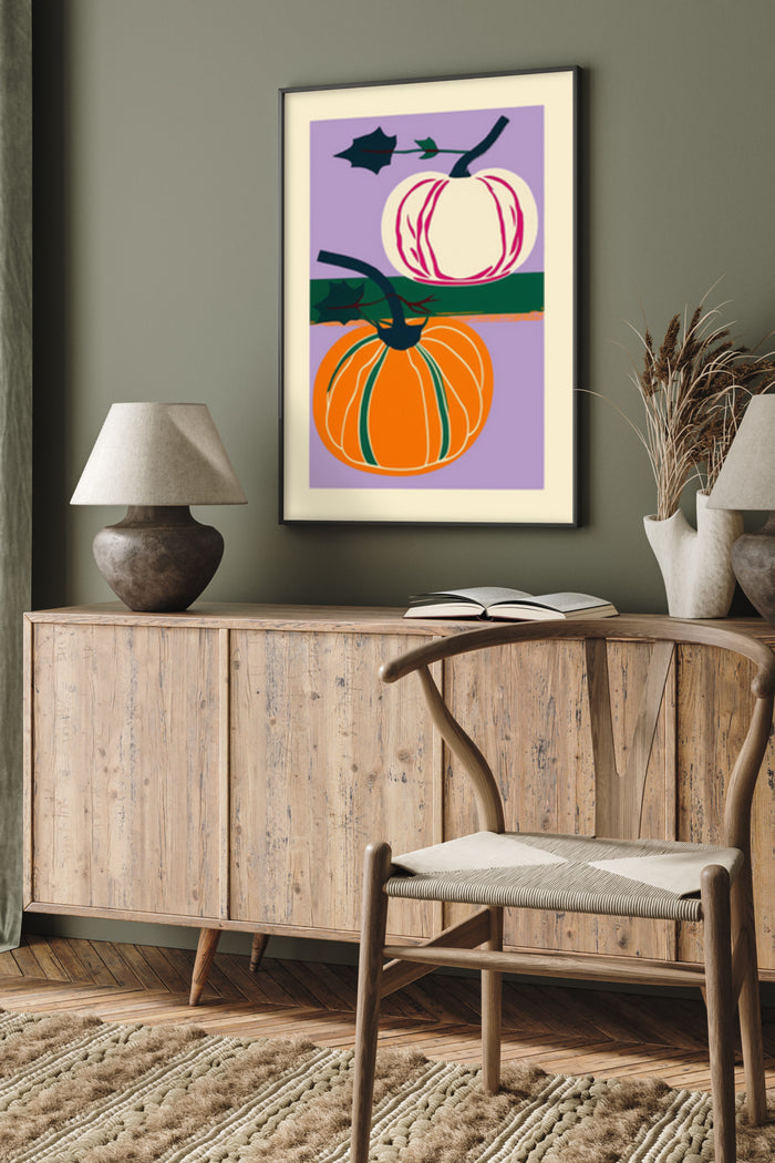 Modern Halloween pumpkin and bat poster artwork in stylish home interior