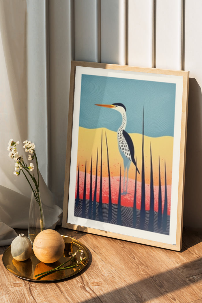 Stylized heron bird art print framed poster in home interior setting