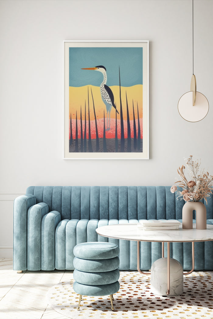 Modern graphic poster illustration of a heron with abstract background on living room wall