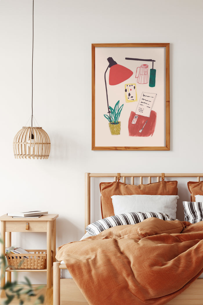 Contemporary bedroom with modern art poster depicting lamp, skincare products, plant, phone, and notepad
