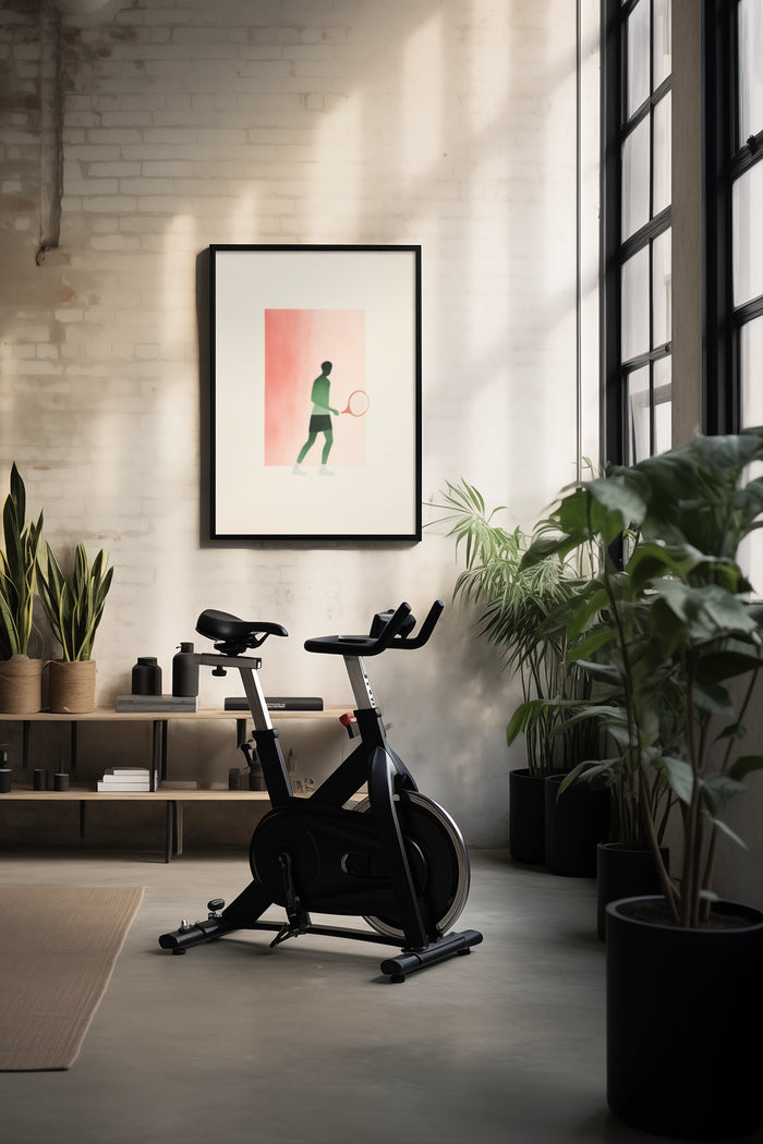 Elegant home gym with modern tennis player artwork poster, indoor bike, and houseplants