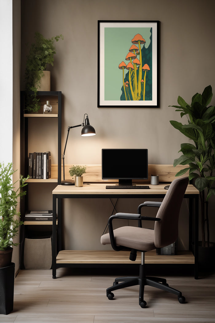 Stylish home office with desk, chair, and framed mushroom illustration art in contemporary setting