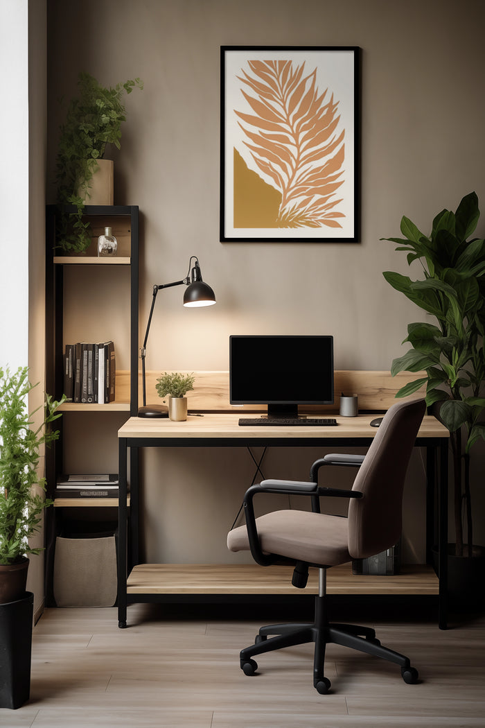 Stylish workspace with computer and golden palm leaf poster on the wall, surrounded by indoor plants