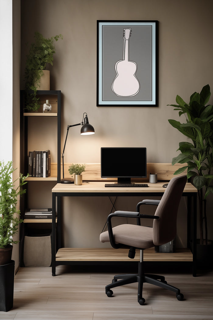 Elegant home office space with a stylish desk, ergonomic chair, plant decorations, and a framed guitar poster on the wall