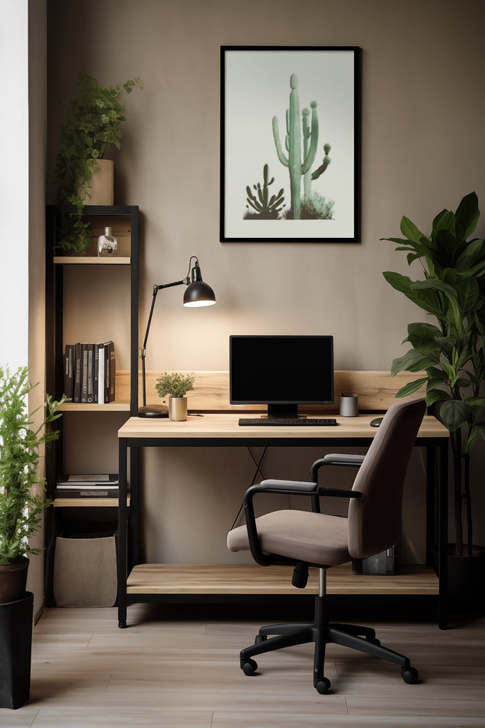 Stylish home office setup with cactus poster, desk, computer, and houseplants