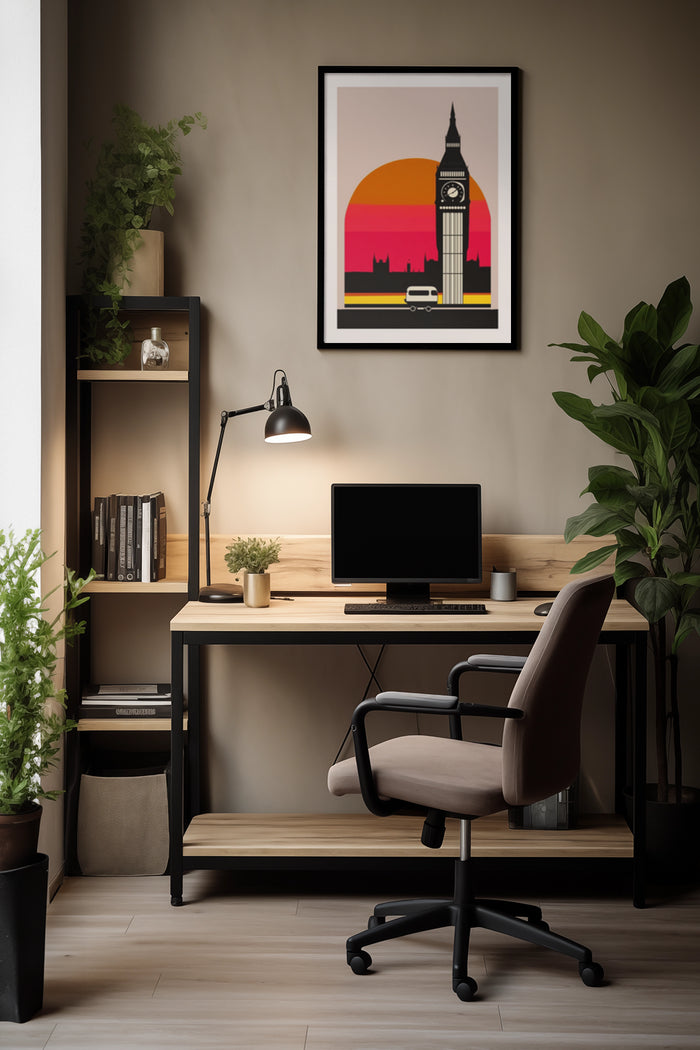 Stylish home office with wooden desk and chair featuring framed poster of London landmarks at sunset