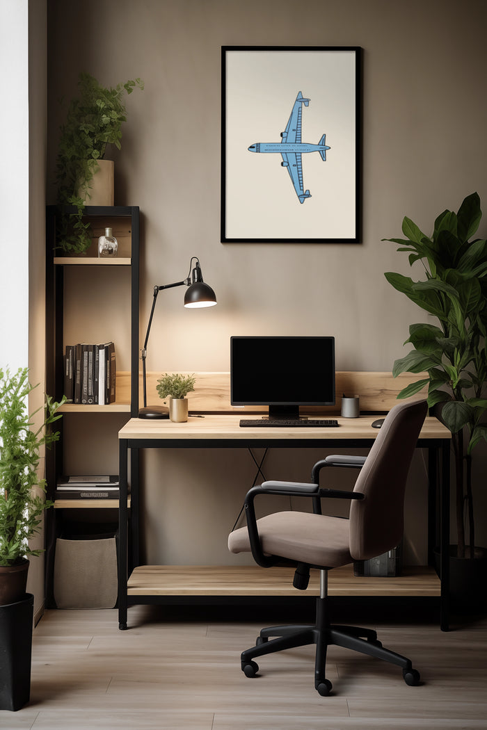 Stylish home office setup with minimalist blue airplane poster on the wall