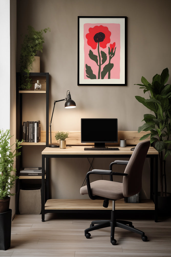Stylish home office interior with contemporary red flower graphic poster on wall