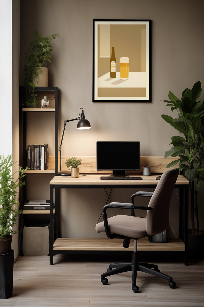 Elegant home office interior with wooden desk, ergonomic chair, and a framed poster of a beer bottle and glass