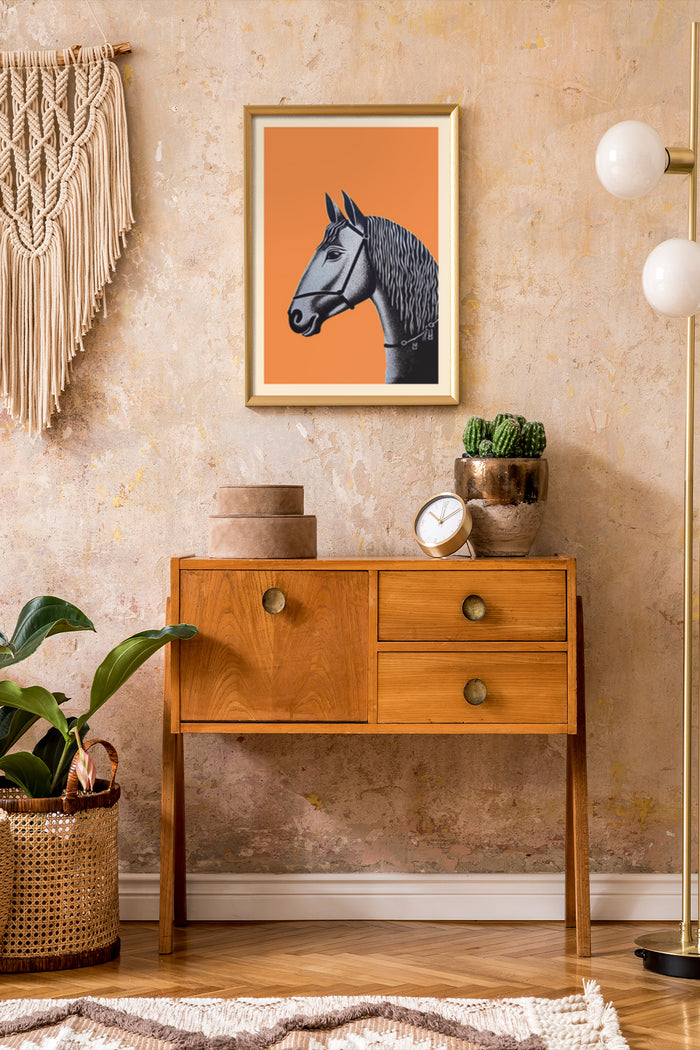 Contemporary Horse Illustration Art in Frame against an Orange Background