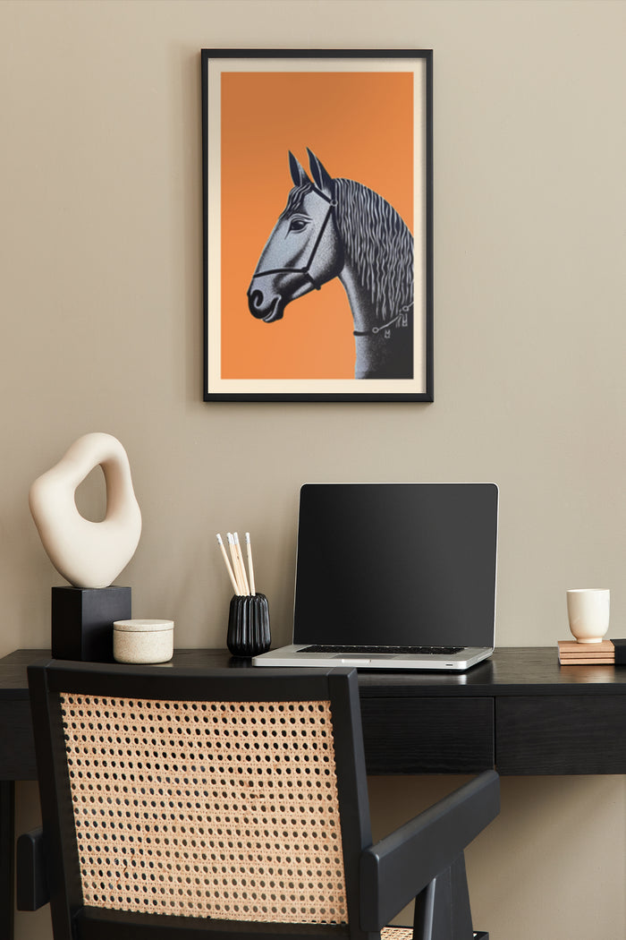 Contemporary horse illustration poster with orange background displayed in a stylish office setting