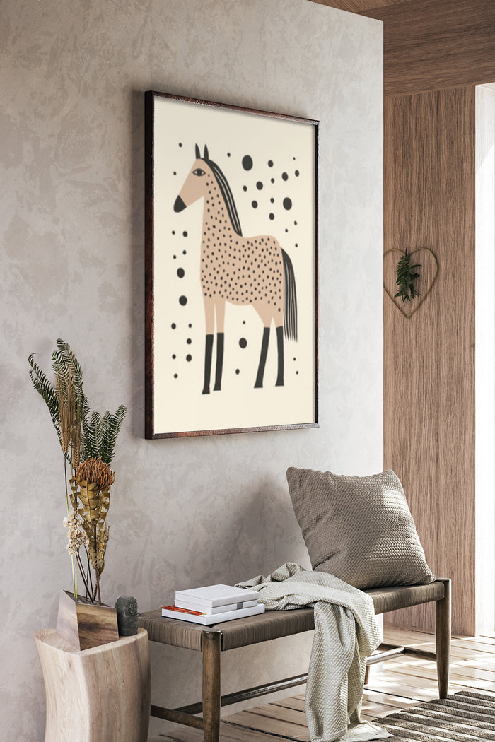 Stylish modern horse illustration poster in contemporary room setting