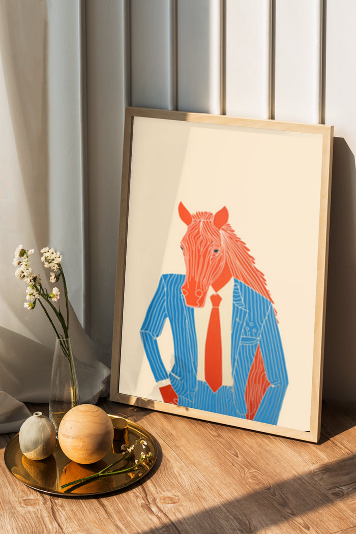 Colorful modern illustration of a horse dressed in a striped suit and red tie, framed poster in a home decor setting
