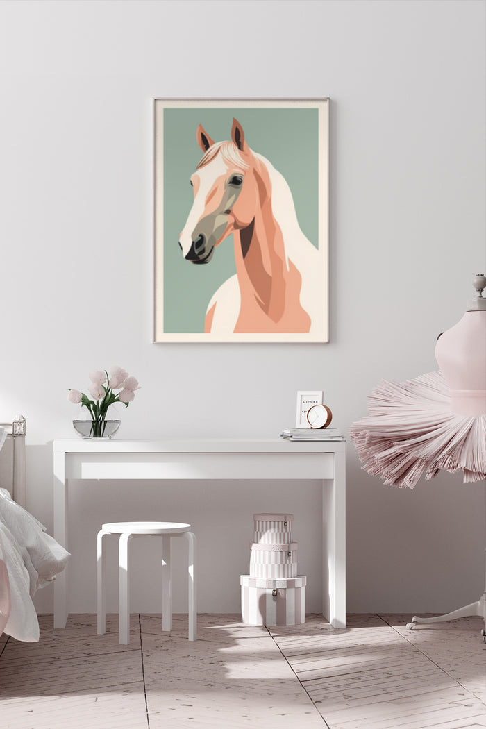 Stylish modern horse illustration in a chic bedroom setting poster artwork
