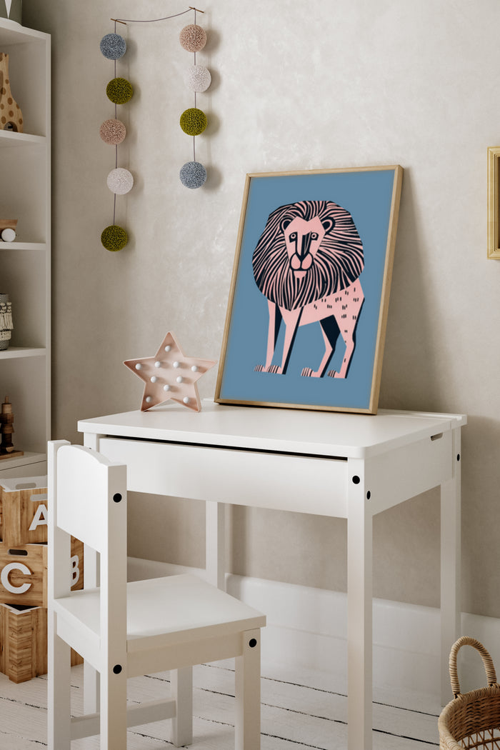 Colorful modern illustration of a lion in a framed poster perfect for child's room decoration