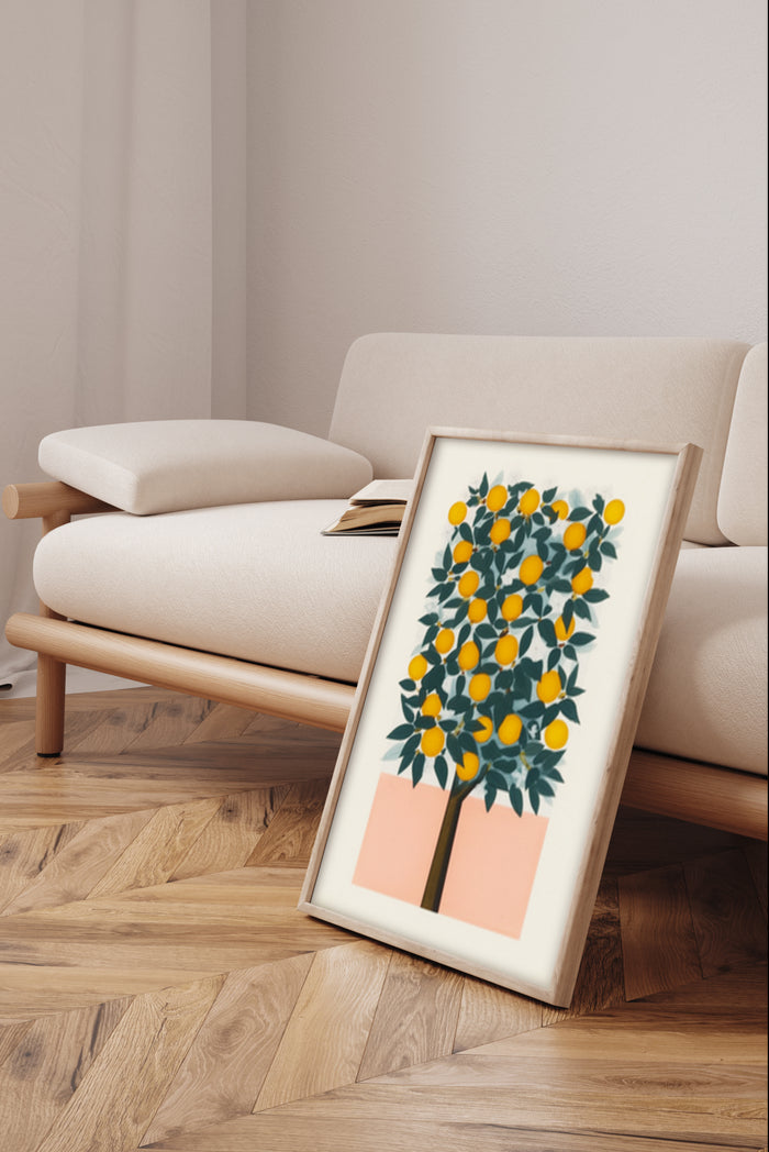 Scandinavian design living room interior with a stylish lemon tree poster artwork
