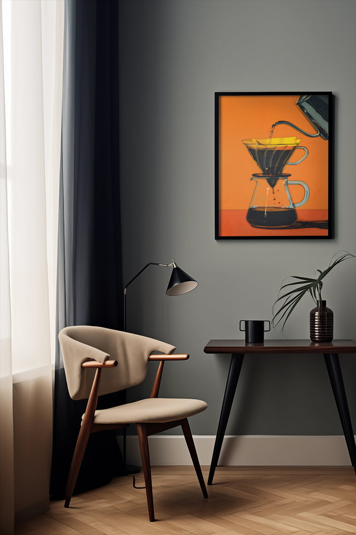 Stylish modern interior with an orange coffee poster artwork on the wall