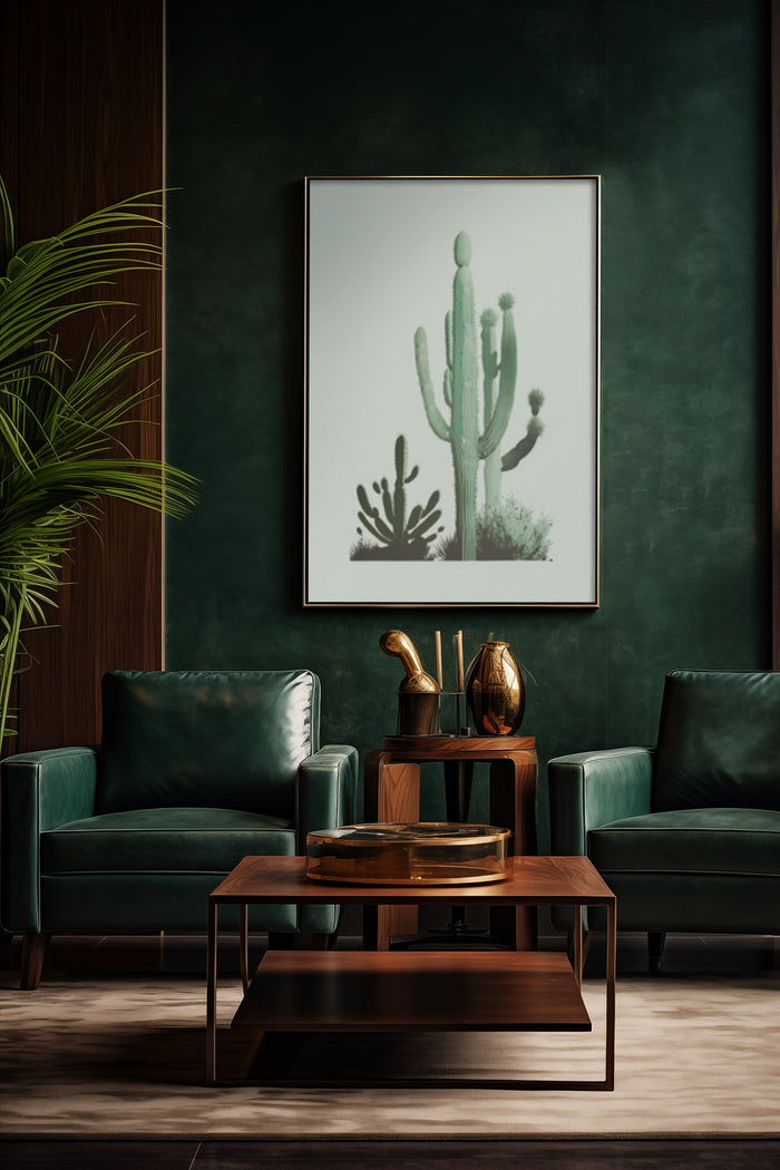 Elegant living room interior with green emerald armchairs and a cactus poster on a dark green wall
