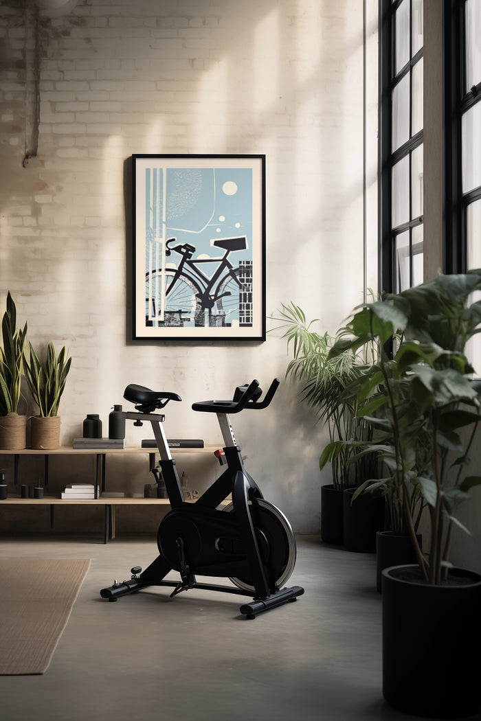 Contemporary home gym with exercise bike and framed art poster on white brick wall