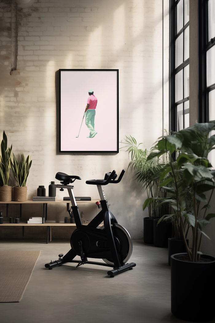 Golf themed artwork in stylish interior with exercise bike and houseplants