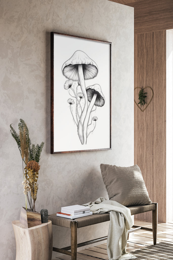 Contemporary living room with a black and white mushroom illustration poster on the wall