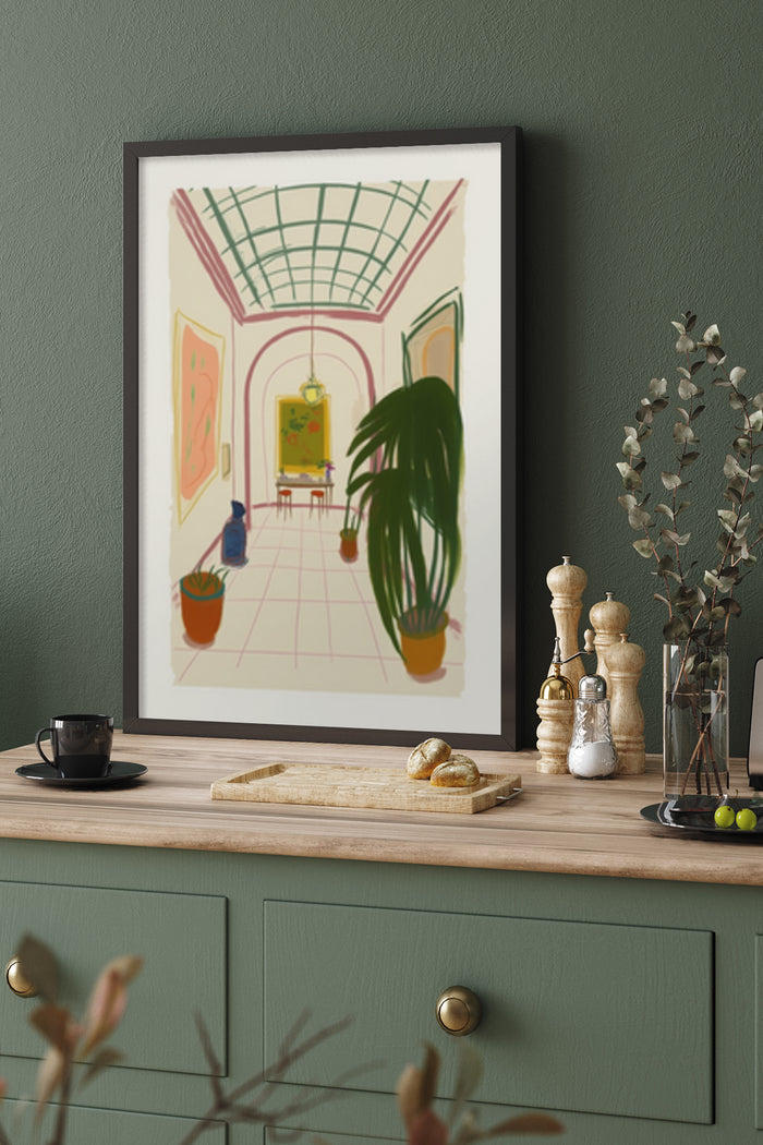 Stylish modern interior poster on kitchen wall featuring corridor with art and plants, enhancing home decor