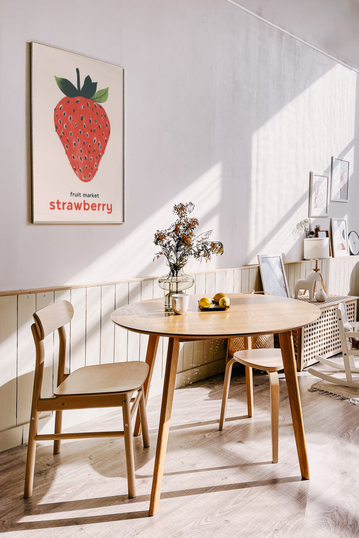 Modern interior with a framed poster of a strawberry advertisement for a fruit market on the wall