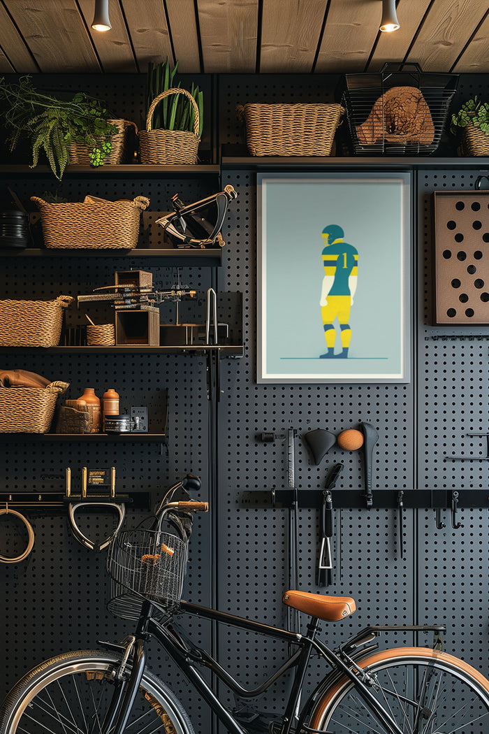 Contemporary home decor featuring stylish bicycle and minimalist graphic football player artwork