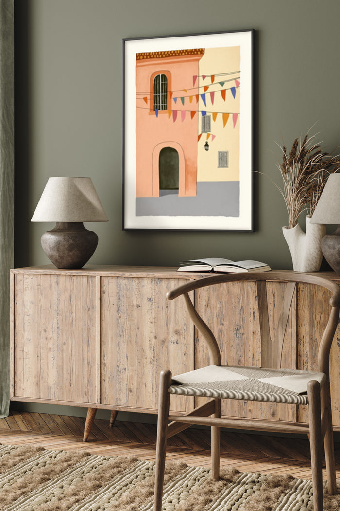 Contemporary art poster featuring a stylized building with festive pennant flags in a modern home interior