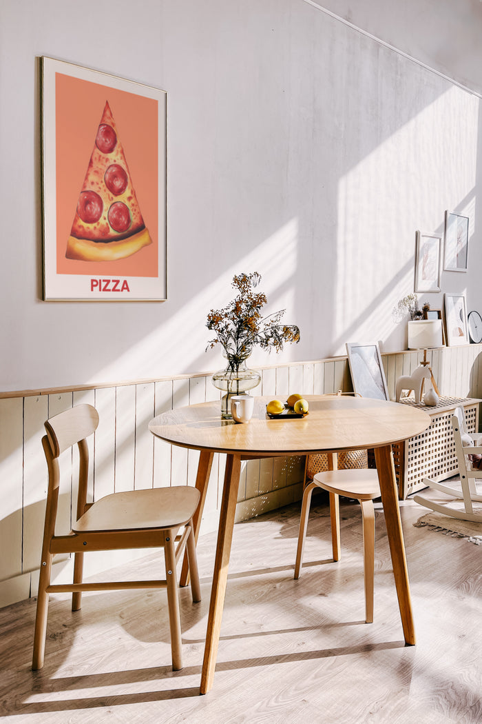 Contemporary dining room with a framed pizza poster on the wall