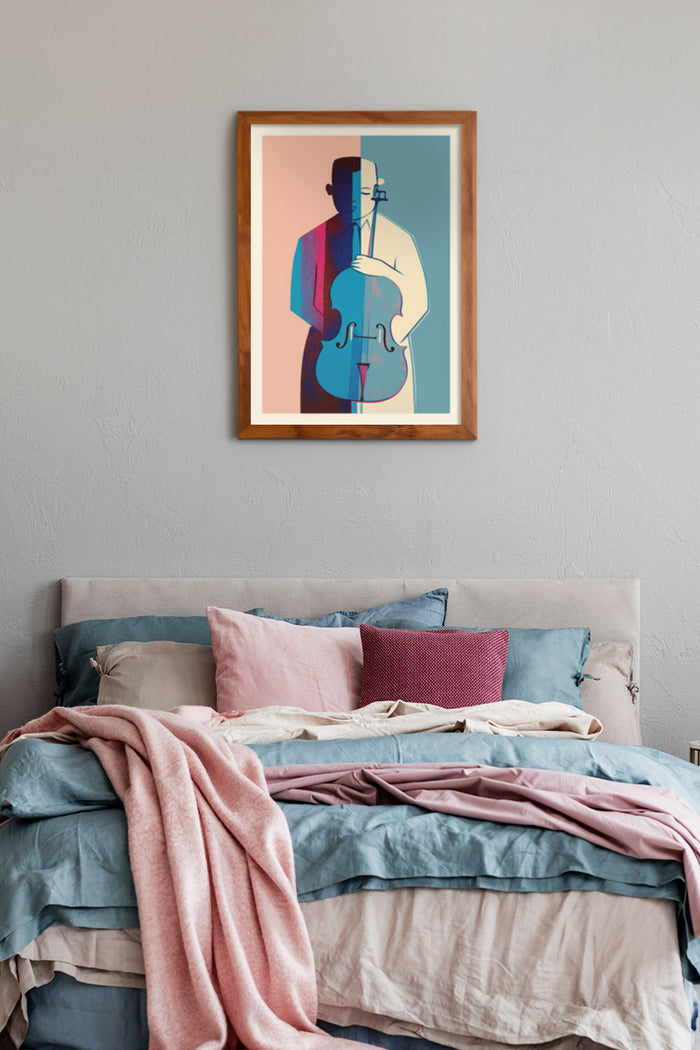 Contemporary jazz cellist illustration poster in a cozy bedroom setting