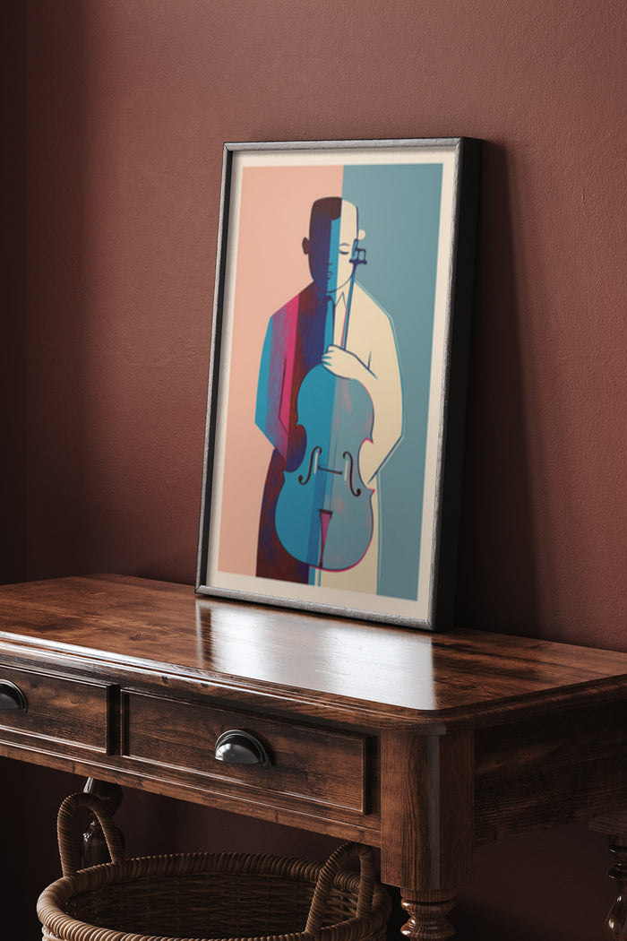Modern jazz musician with cello poster artwork framed on a wooden side table