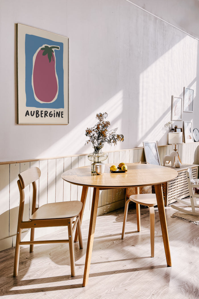 Contemporary kitchen interior with stylish aubergine poster artwork on the wall