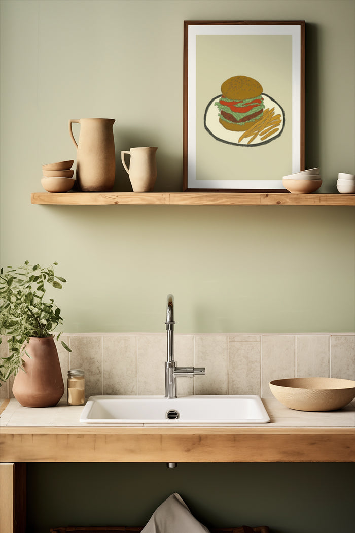 Stylish kitchen interior with burger and fries poster artwork on wall