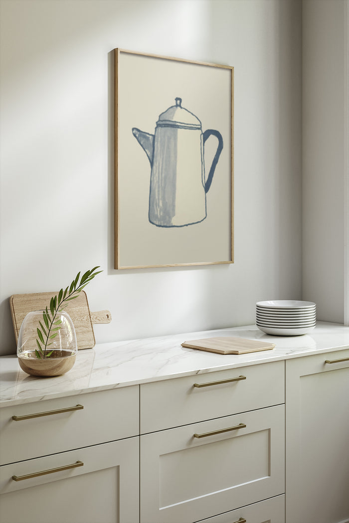 Minimalist coffee pot poster in a modern kitchen setting