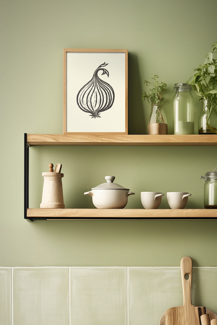 Contemporary kitchen with framed onion illustration artwork on wooden shelf