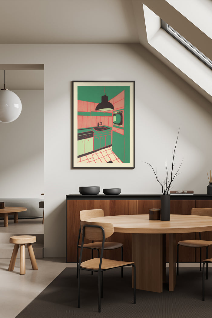 Stylish modern kitchen poster framed on the wall of a contemporary dining room interior