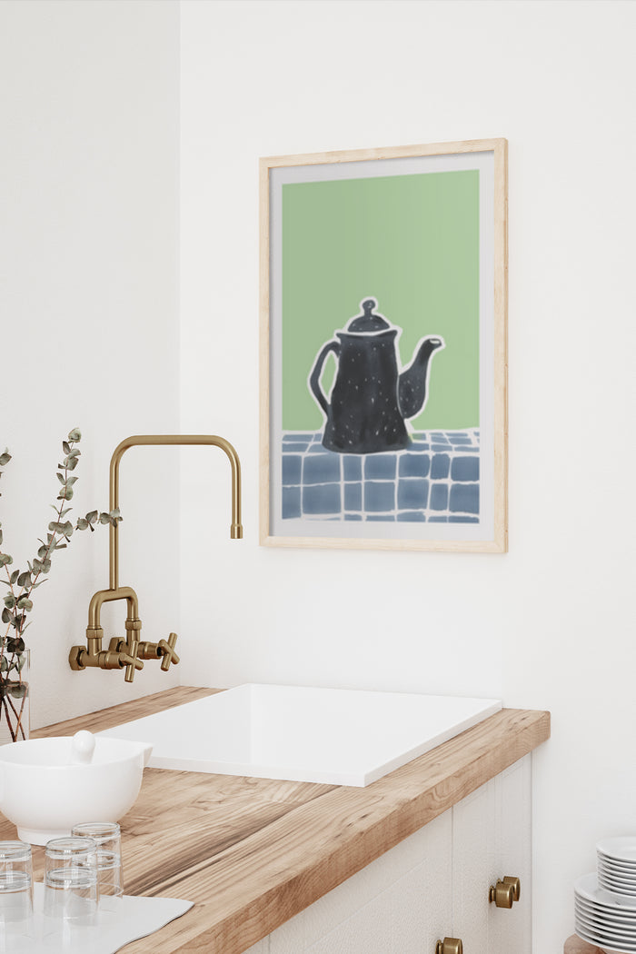 Stylish teapot illustration poster framed in a modern kitchen decor