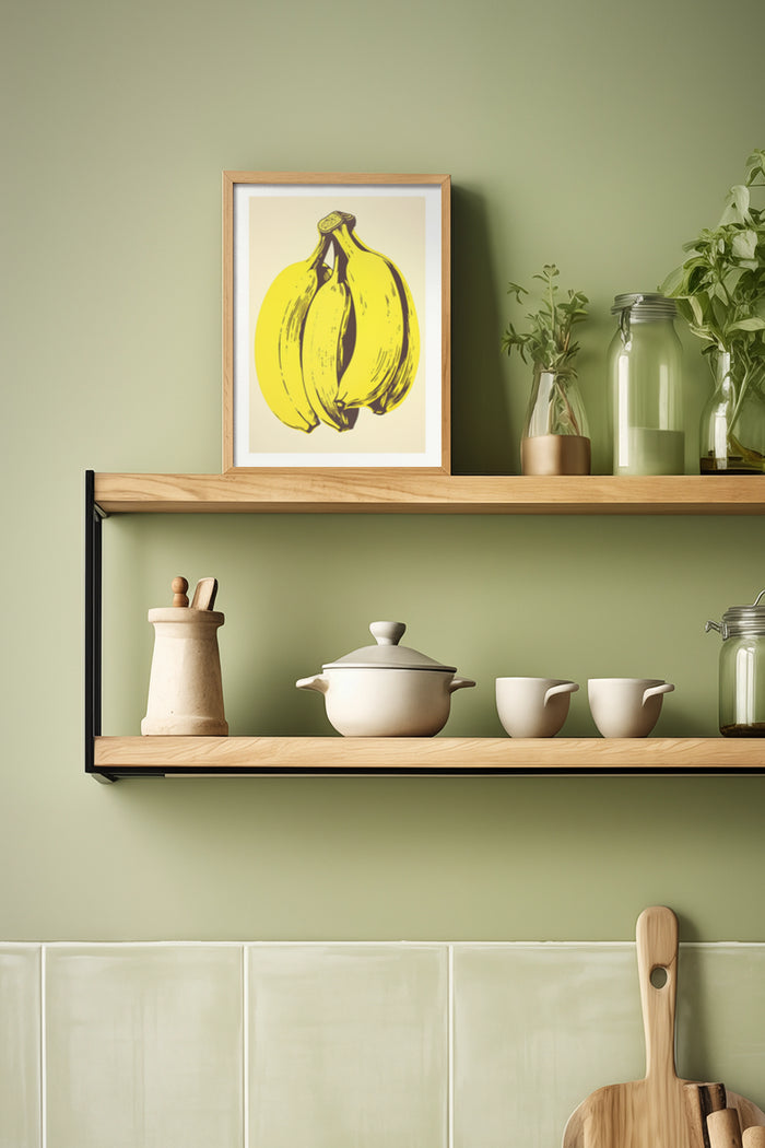 Stylish kitchen interior with framed banana artwork on shelf
