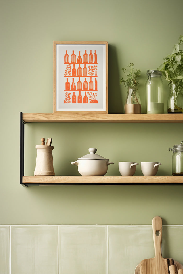 Stylish modern kitchen interior with framed bottle art print on wall and wooden shelf with ceramics