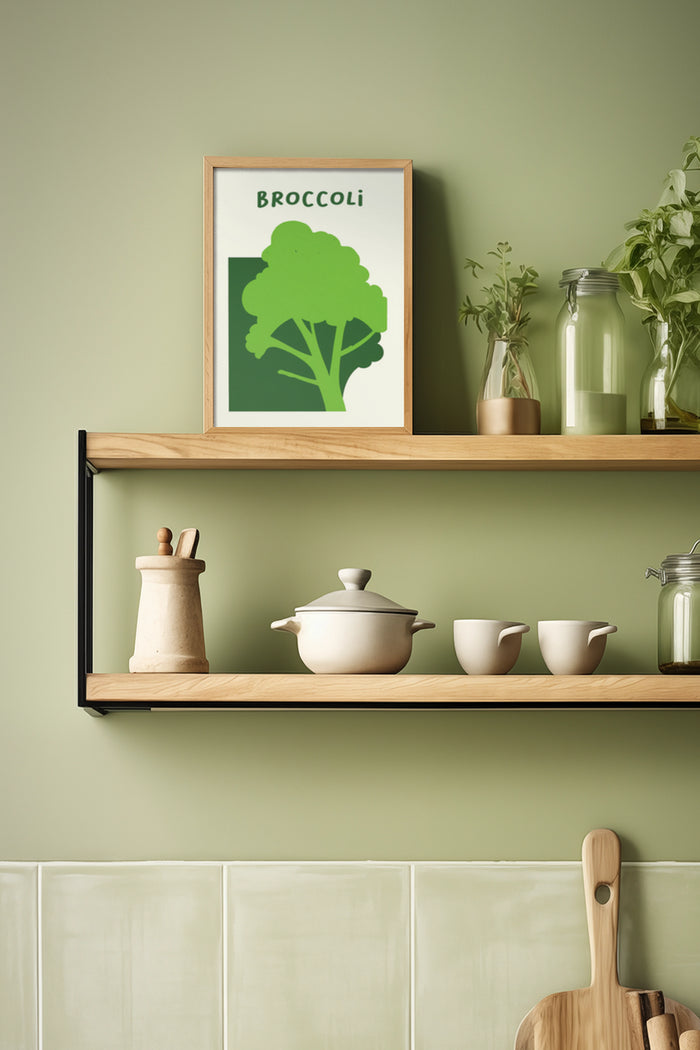 Contemporary kitchen decor with framed broccoli poster on shelf