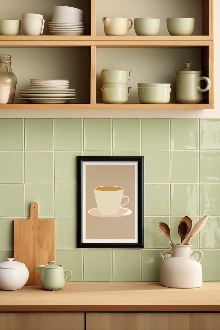 Stylish kitchen interior with modern cup poster, wooden shelves with ceramic dishware, and pastel green tiles.