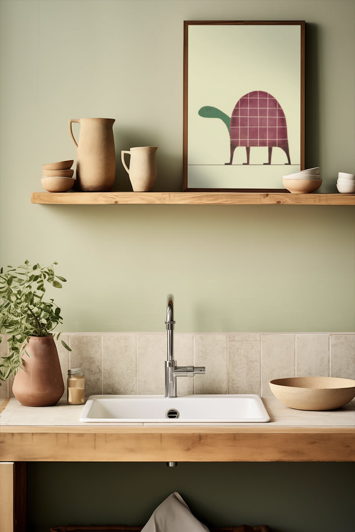 Contemporary kitchen interior with minimalist turtle art poster, ceramic tableware, and wooden shelf