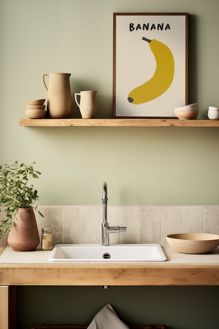 Modern kitchen interior with banana poster on wall shelf and ceramic pottery