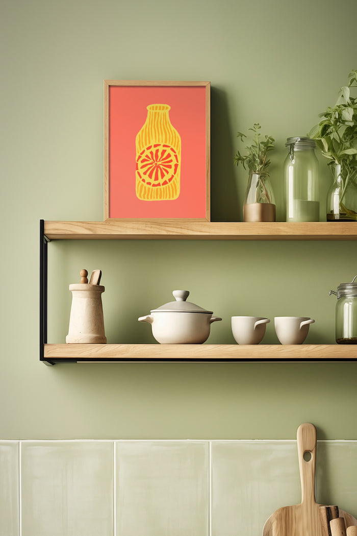 Modern kitchen interior with fruit themed decorative poster, wooden shelves with ceramic cookware and glass jars