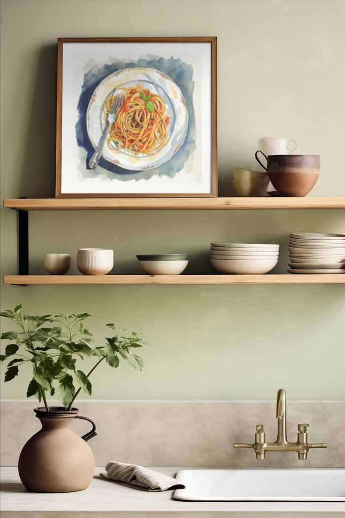 Contemporary kitchen interior with framed spaghetti poster, wooden shelves with bowls, and potted plant on the counter