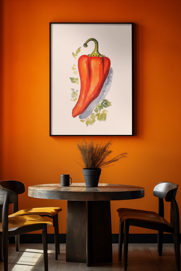 Contemporary dining room with an orange wall, featuring a poster of a red chili pepper painting