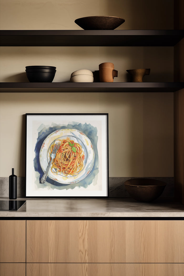 Contemporary kitchen interior design with framed spaghetti pasta artwork