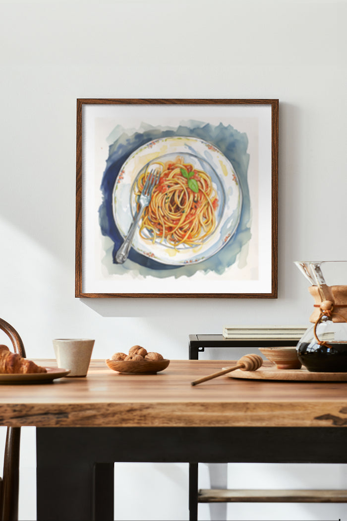 Modern kitchen interior with framed poster of spaghetti plate art